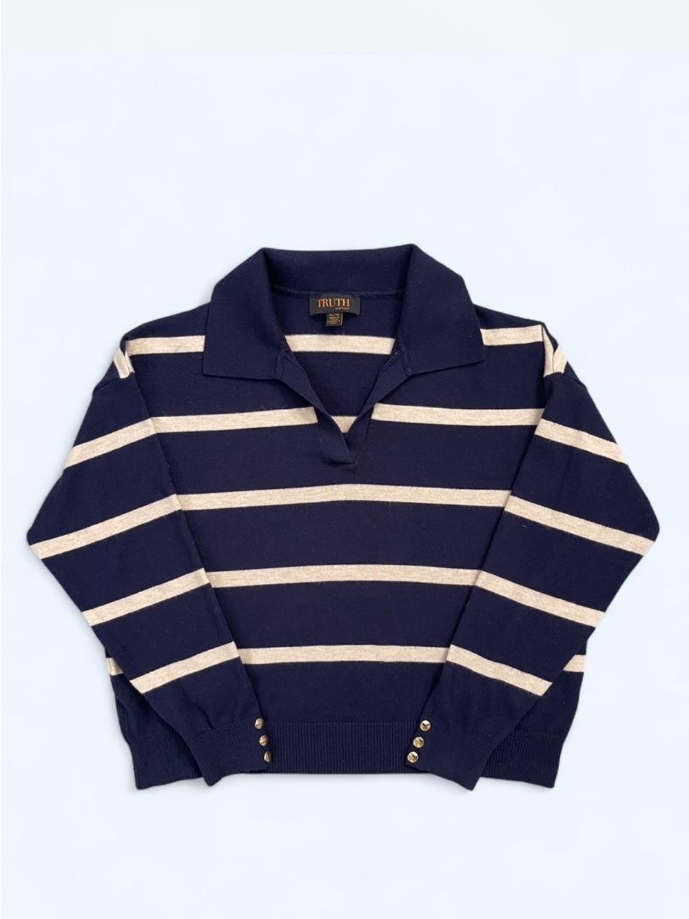 TRUTH Navy and Cream Striped Knit Polo Sweater XL preppy classic nautical fall